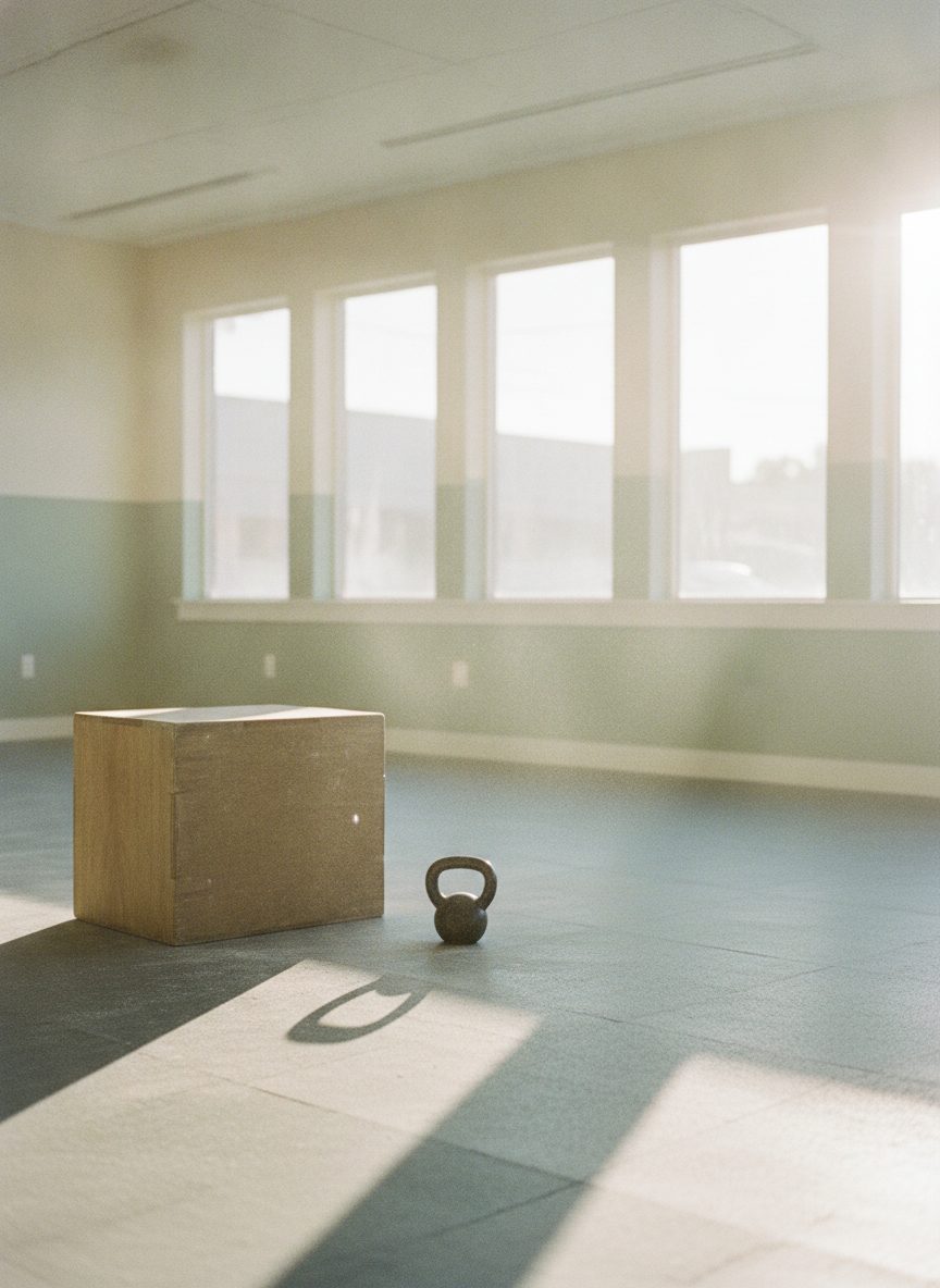 A sunlit training floor with a wooden plyo box and a single kettlebell in early morning light