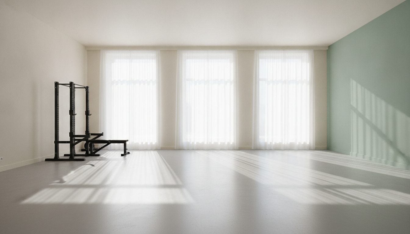 A bright open training room at sunrise with a squat rack and bench along one wall